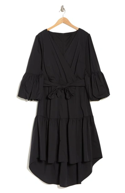 Shop By Design Balloon Sleeve Faux Wrap High-low Dress In Black