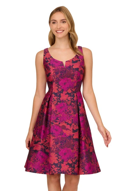 Shop Adrianna Papell Jacquard Fit & Flare Dress In Navy/ Magenta Multi