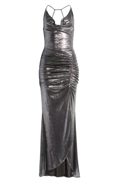 Shop Misha Collection Kamari Metallic Ruched Gown In Silver
