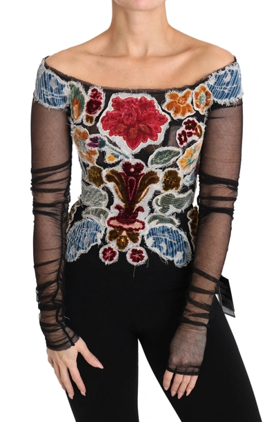 Shop Dolce & Gabbana Elegant Floral Applique Long Sleeve Women's Top In Multicolor