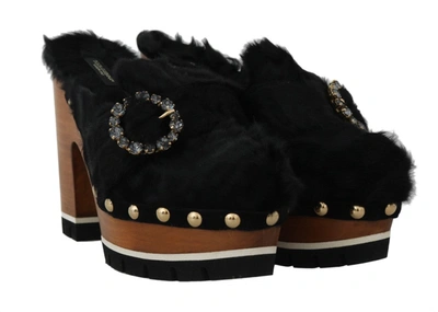 Shop Dolce & Gabbana Black Xiangao Fur Crystal Women's Mules