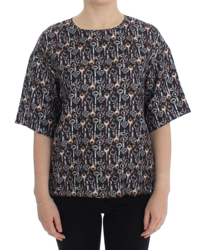 Shop Dolce & Gabbana Gray Gold Key Print Silk Blouse Women's T-shirt