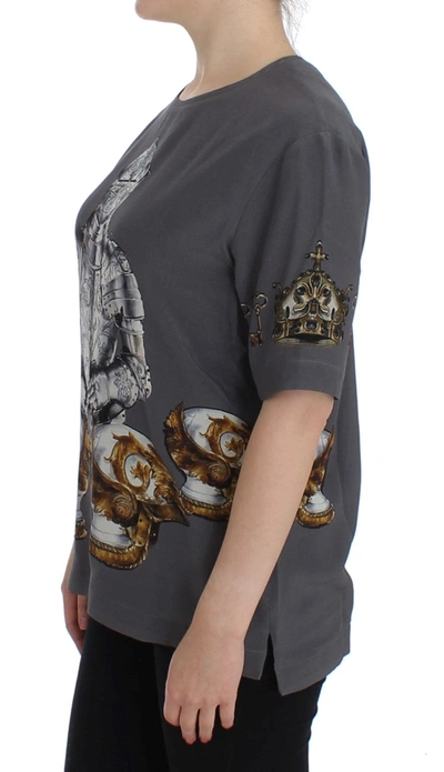 Shop Dolce & Gabbana Gray Knight Crown Print Silk Blouse Women's Top