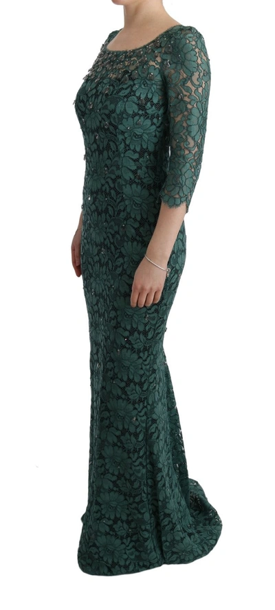 Shop Dolce & Gabbana Green Floral Crystal Ricamo Sheath Women's Dress