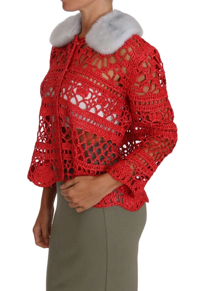 Shop Dolce & Gabbana Elegant Red Crochet Knit Cardigan With Fur Women's Collar