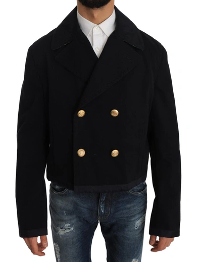 Shop Dolce & Gabbana Trench Blue Cotton Stretch Jacket Men's Coat