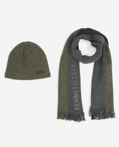 Shop Kenneth Cole Striped Scarf With Sherpa-lined Beanie Set In Olive