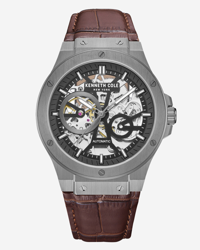 Shop Kenneth Cole New York Automatic Gunmetal Watch With Brown Leather Strap