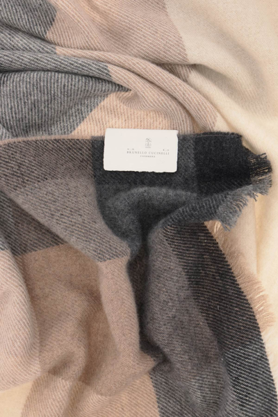 Shop Brunello Cucinelli Wool And Cashmere Scarf With Check Motif In Grigiobrown Antracite (grey)