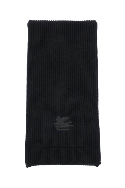 Shop Etro Ribbed Wool Scarf In Black (black)