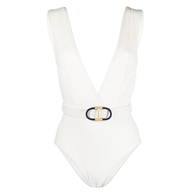 Shop Zimmermann Buckle Detailed Plunge Swimsuit In White