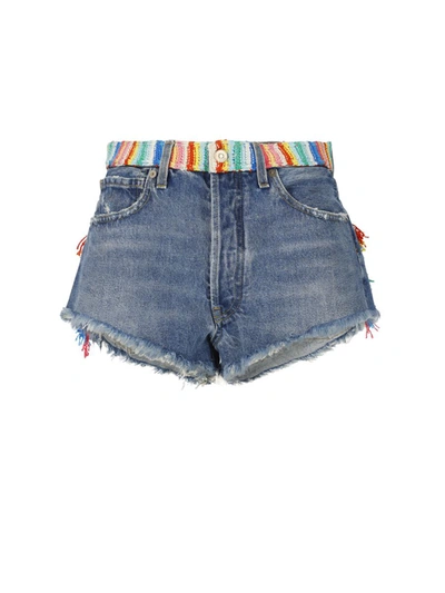 Alanui Crochet Applique Denim Honolulu Wash Blue Shorts