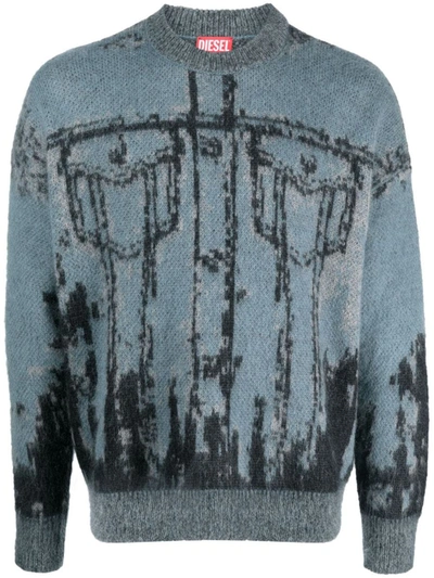 Shop Diesel K-patmos Knit Sweater With Jeans Motif In Blue