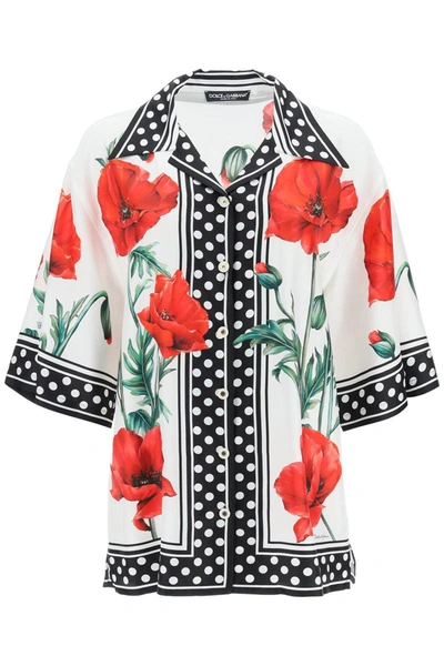 Shop Dolce & Gabbana Short-sleeved Silk Shirt With Poppy And Polka Dot Print In Multicolor
