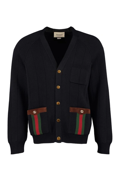 Shop Gucci Ribbed Wool Cardigan In Blue