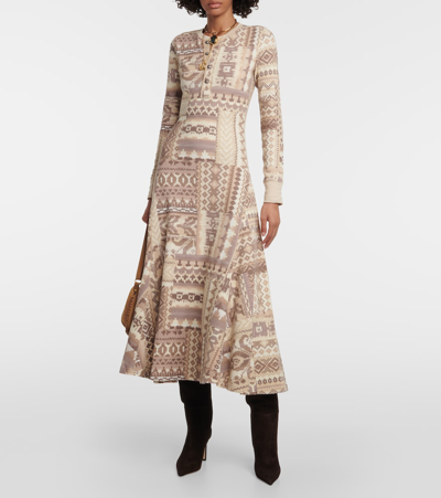 Shop Polo Ralph Lauren Knitted Cotton Flared Midi Dress In Beige