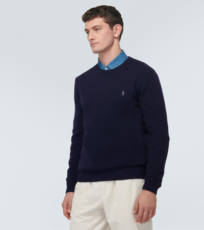 Shop Polo Ralph Lauren Logo Wool And Cashmere Sweater In Blue