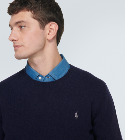 Shop Polo Ralph Lauren Logo Wool And Cashmere Sweater In Blue