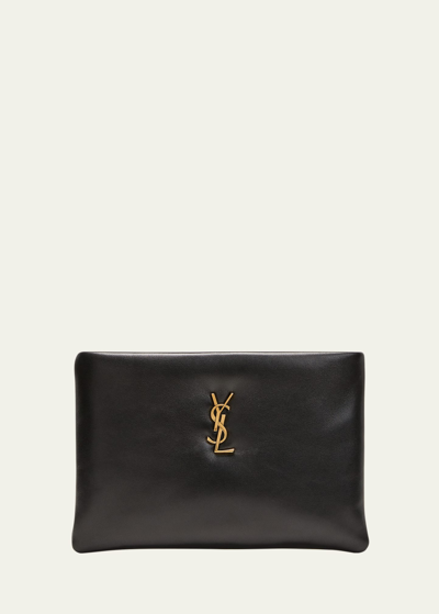 Shop Saint Laurent Calypso Small Ysl Clutch Bag In Smooth Padded Leather In Noir