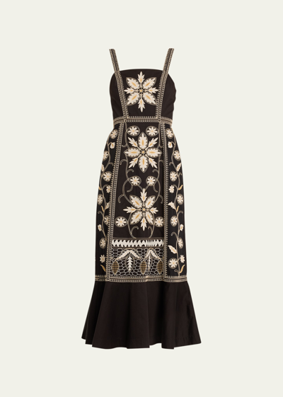 Shop Figue Miriana Floral Embroidered Midi Dress In Black