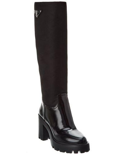 Shop Prada Nylon & Leather Knee-high Boot In Black