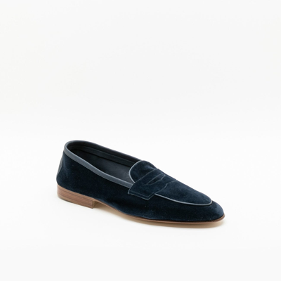 Shop Edward Green Polperro Navy Baby Calf Unlined Loafer In Blu