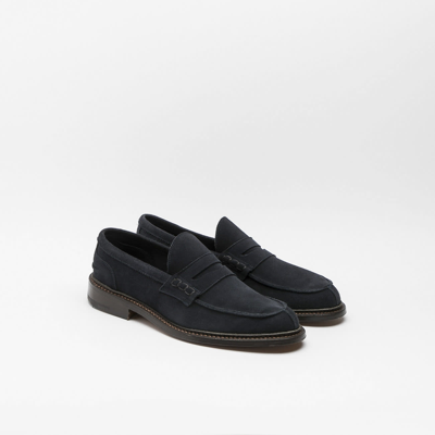 Shop Tricker's Adam Navy Castorino Suede Penny Loafer In Blu