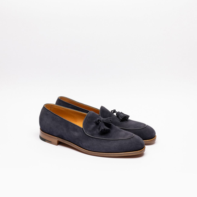 Shop John Lobb Edmond Navy Suede Tassels Loafer In Blu