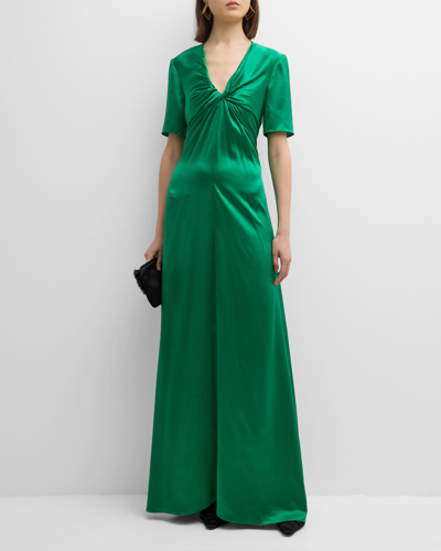 Shop Rosetta Getty Twisted V-neck Short-sleeve Silk Gown In Emerald