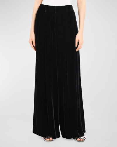 Shop Theory Velvet Pleated Low-rise Wide-leg Pants In Black