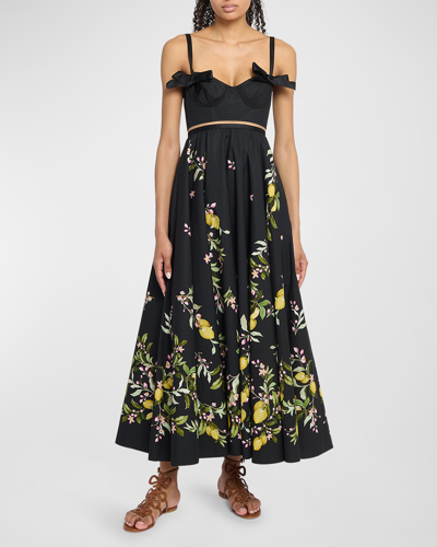 Shop Giambattista Valli Lemon-print Bow Sleeveless Bustier Tea-length Dress In Blackyellow