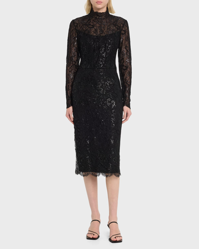 Shop Ralph Lauren Metallic Lace Long-sleeve Midi Dress In Black