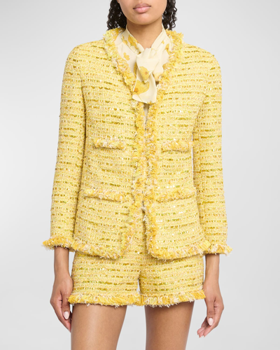 Shop Giambattista Valli Fringed Collarless Paillette Tweed Jacket In Yellow