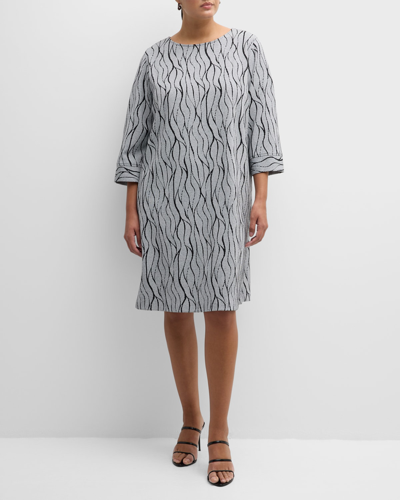 Shop Caroline Rose Plus Plus Size Wave Intarsia-knit Knee-length Dress In Blackwhite