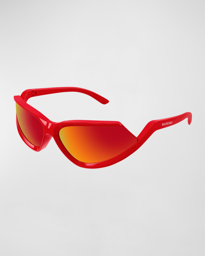 Shop Balenciaga Men's Bb0289sm Plastic Wrap Sunglasses In Shiny Solid Red