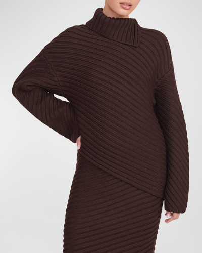 Shop Staud Engrave Merino Wool Asymmetric Sweater In Dark Chocolate
