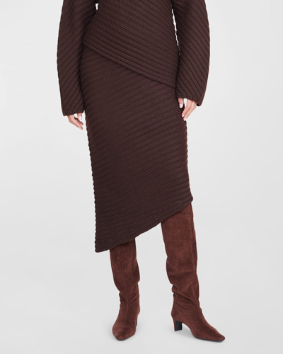 Shop Staud Cantilever Asymmetric Midi Knit Skirt In Dark Chocolate