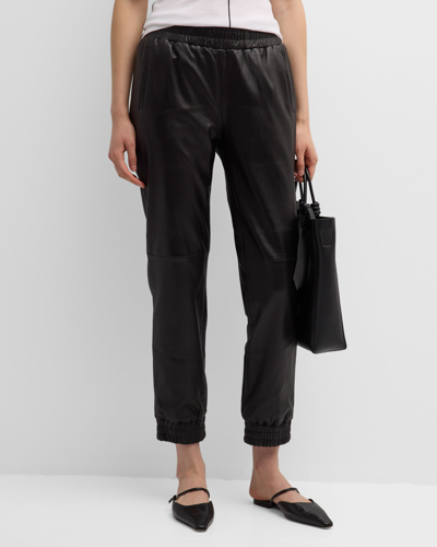 Shop Rosetta Getty Mid-rise Plongé Leather Straight-leg Ankle Pull-on Joggers In Black
