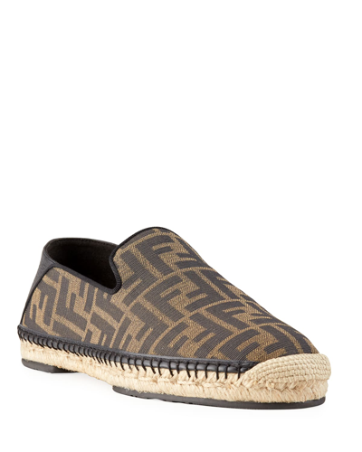 Shop Fendi Men's Ff Logo Nylon/leather Espadrilles In Brown/black