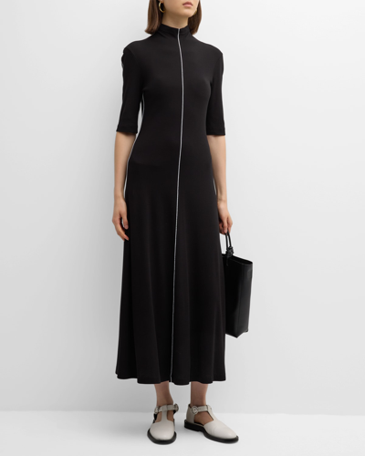 Shop Rosetta Getty Contrast-seam Funnel-neck Elbow-sleeve Midi Dress In Black