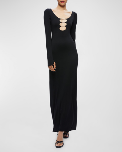 Shop Alice And Olivia Kalena Scoop-neck Long-sleeve Cutout Maxi Dress In Black