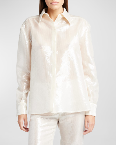 Shop Alberta Ferretti Sequined Button Up Blouse In Ivory
