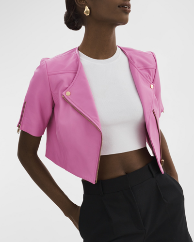 Shop Lamarque Kirsi Short-sleeve Leather Biker Jacket In Bodacious Pink