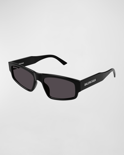Shop Balenciaga Logo Acetate Rectangle Sunglasses In Shiny Hd Solid Bl