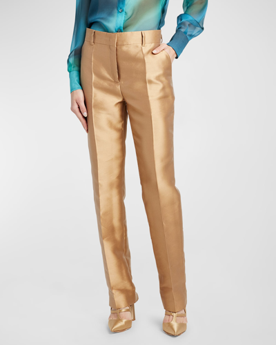 Shop Alberta Ferretti Shiny Straight Leg Trousers In Beige