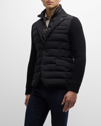 Shop Moorer Men's Channeled Blazer With Knit Sleeves In Black
