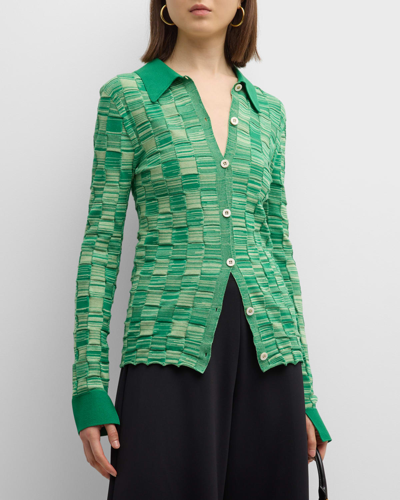 Shop Rosetta Getty Checkerboard Rib-knit Patchwork Polo Cardigan In Emerald