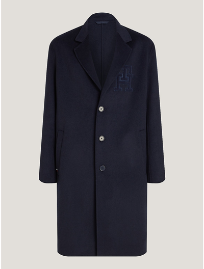 Shop Tommy Hilfiger Monogram Applique Wool Blend Coat In Navy
