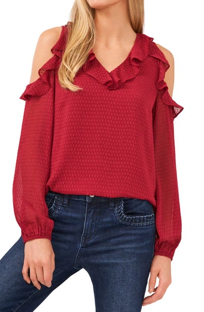 Cece Ruffled Cold Shoulder Clip Dot Blouse In Red Maple