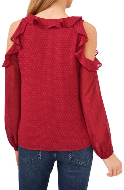 Cece Ruffled Cold Shoulder Clip Dot Blouse In Red Maple